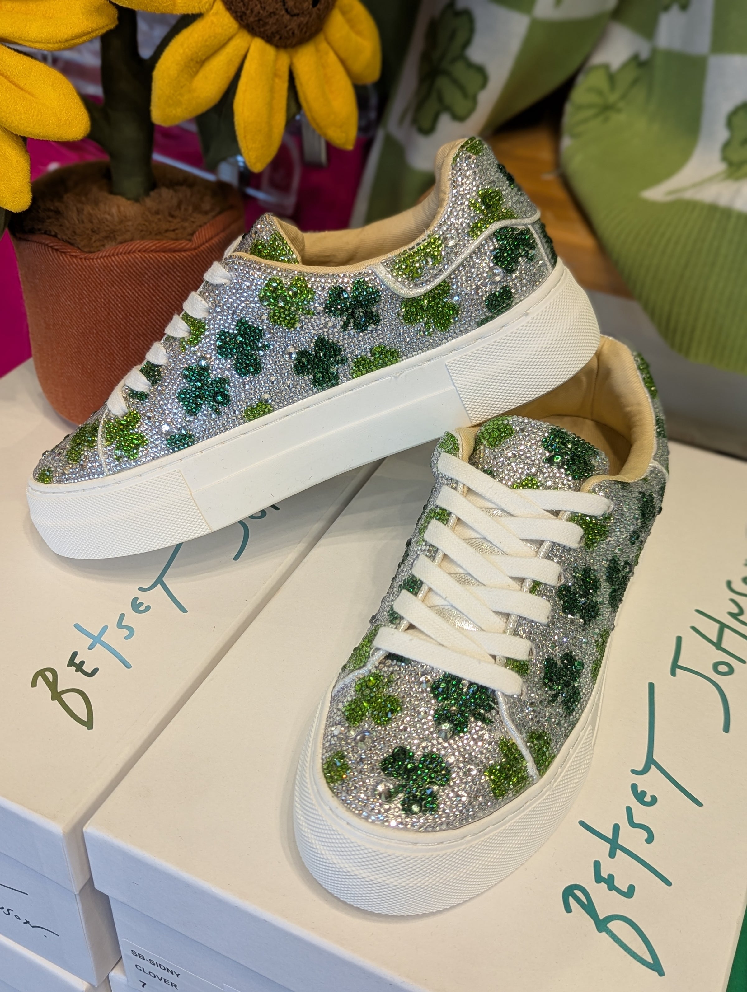 Sidny Clover Shamrock Print Rhinestone Platform Sneakers Betsey
