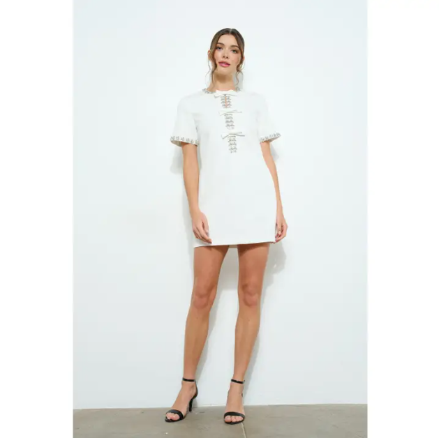 Mod 60s White Jeweled Shift Dress Ina