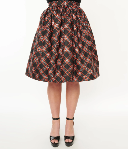 1950s Black Orange Plaid Gellar Swing Skirt Unique Vintage